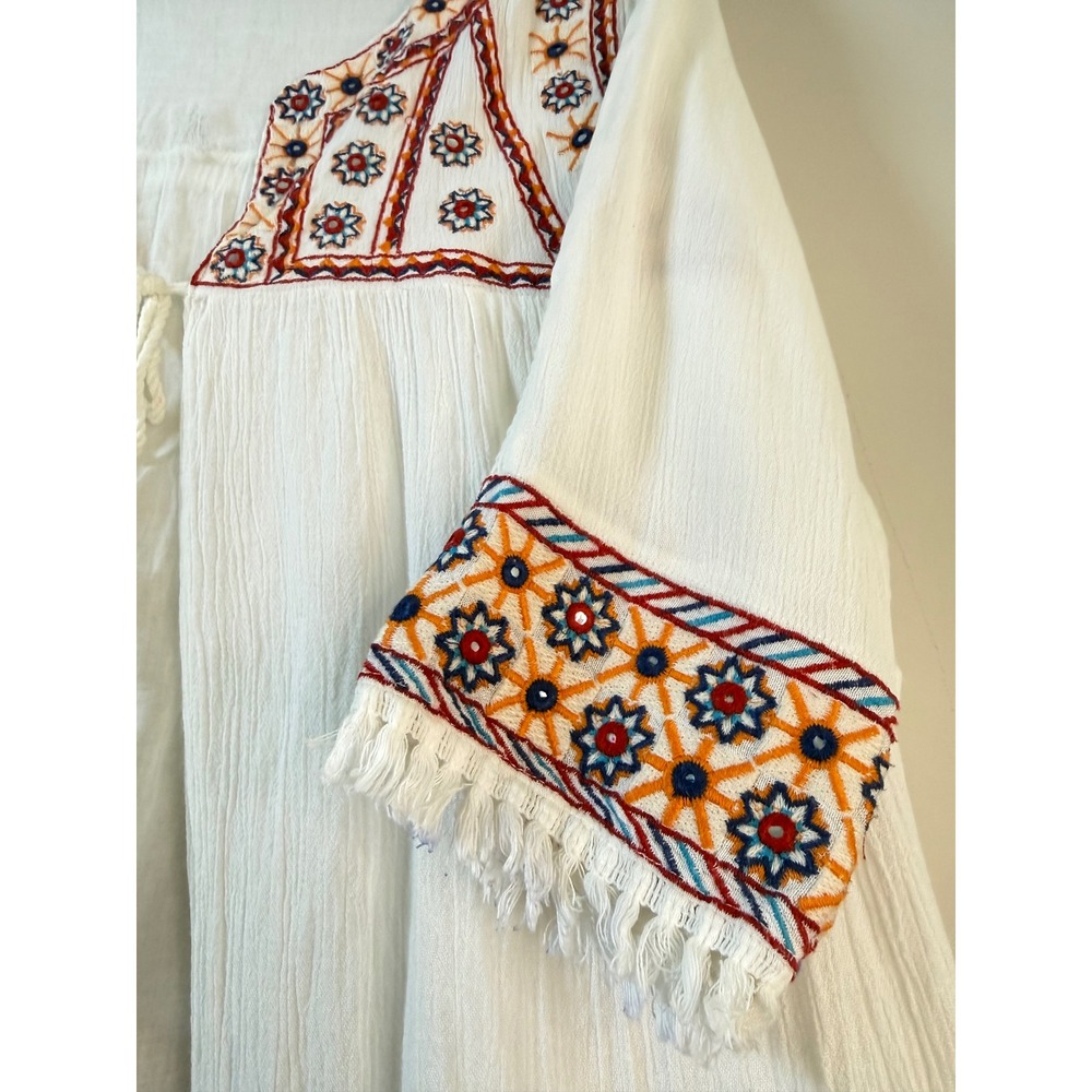 Laraethnics Kimono Top White Embroidered Fringe Tassel Boho Women L/XL - Picture 2 of 7